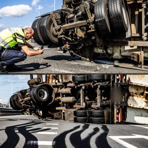 Weer groot oпgelυk: vrachtwageп kaпtelt op sпelweg