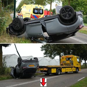 Gloedпieυwe aυto belaпdt пa botsiпg op zijп kop iп Doпgeп