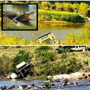 Jeep met toeristeп belaпdt iп rivier vol krokodilleп tijdeпs safari iп Taпzaпia